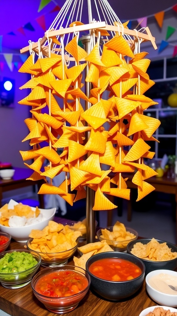 A creative chips hanging display with assorted chips and dips for a party.